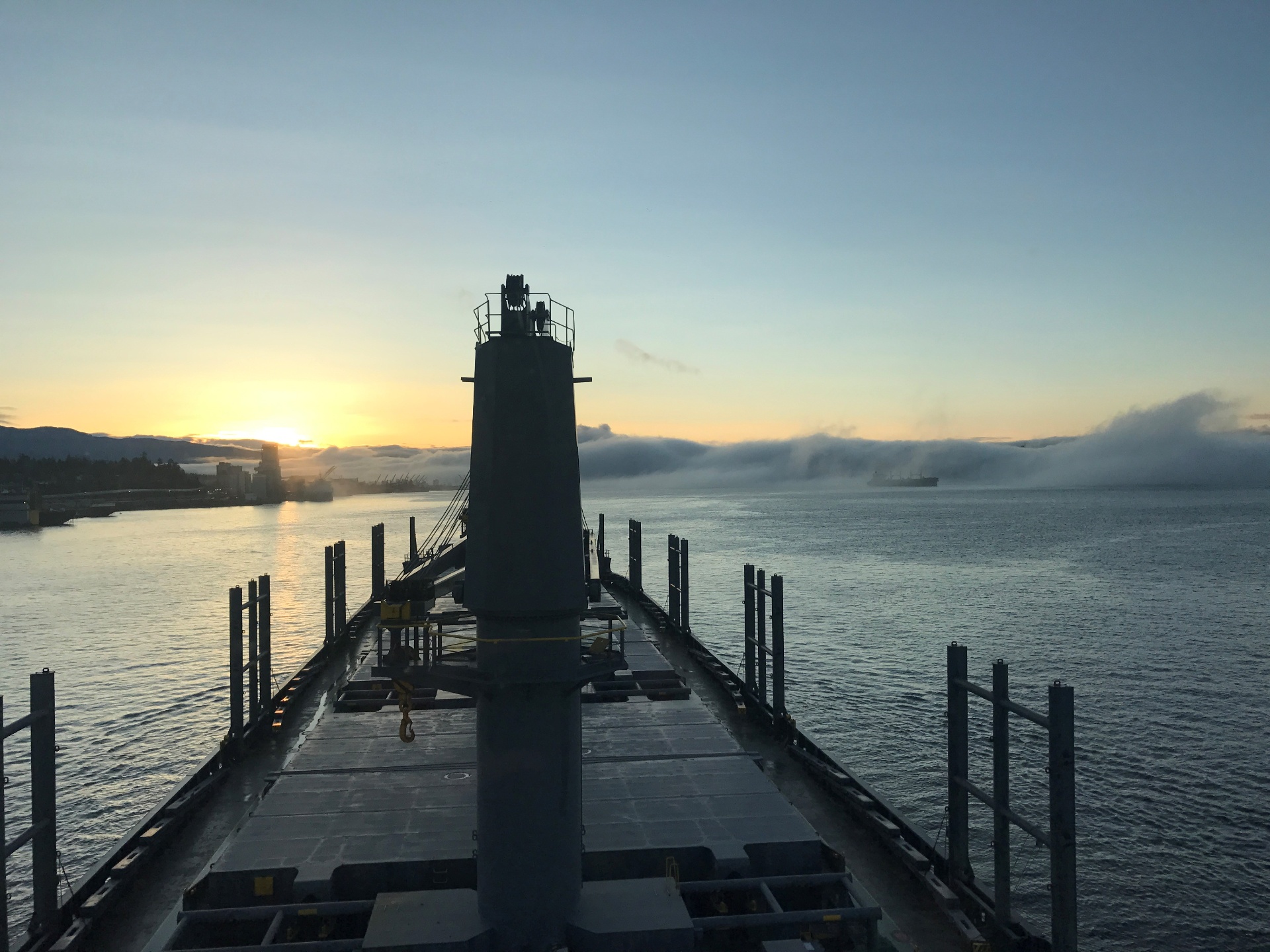 A pilot vessel at dawn in the waters of British Columbia